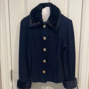 St.John Women's Navy Faux Fur Trim Tweed Jacket